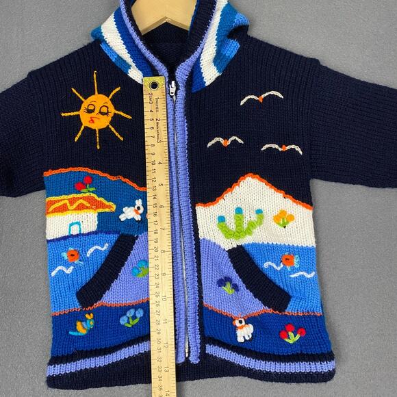 Incas Inc Sweater Hoodie Youth 6 Wool Peru Blue Animals Sun Birds Whimsical - Picture 15 of 15